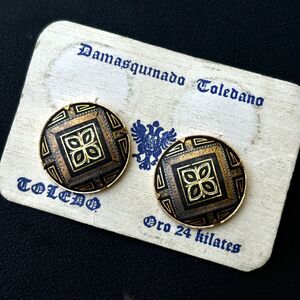 VTG Toledo Spain Damascene 24K Gold Earrings Clip On Round Floral Original Card